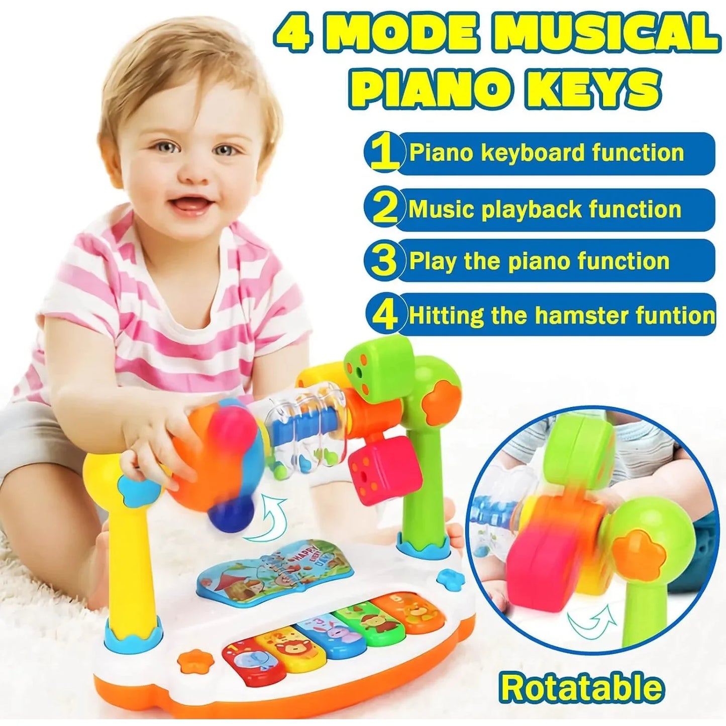 Baby Piano Toys Kids Rotating Music Piano Keyboard With Light Sound