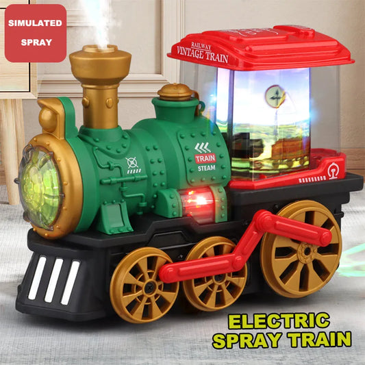 Simulation electric steam spray train train toy