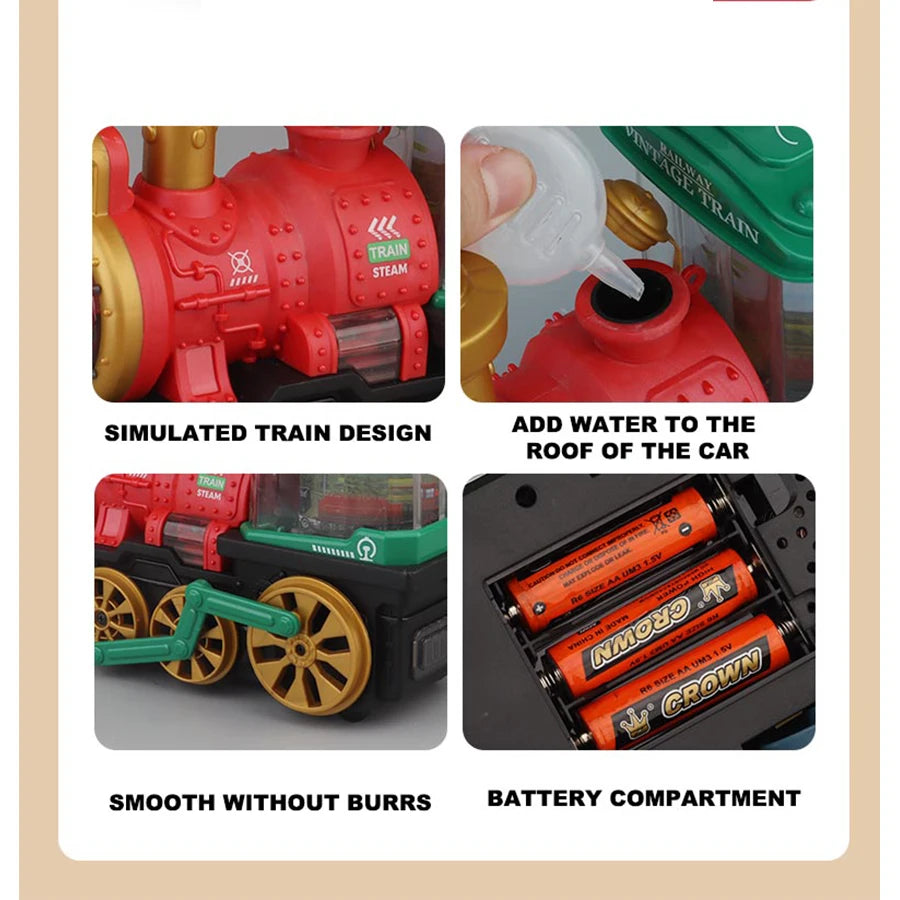 Simulation electric steam spray train train toy