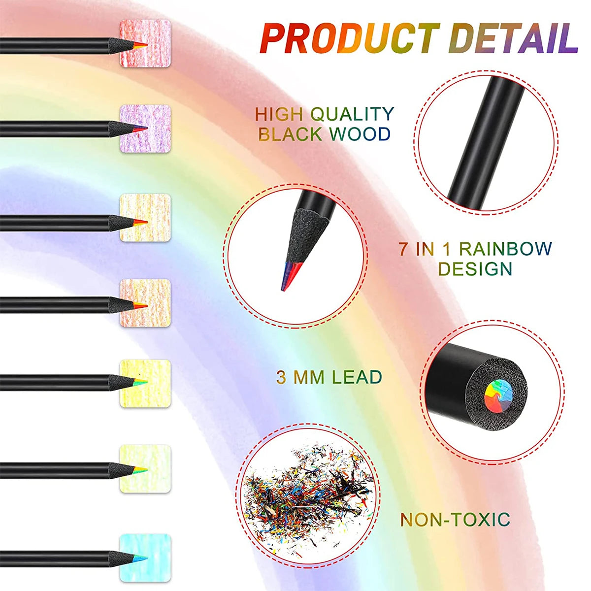 Colored Black Wood Pencils, 7 in 1 Rainbow Drawing Pencil