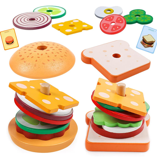 Wooden Burger Sandwich Stacking Toys For Toddler