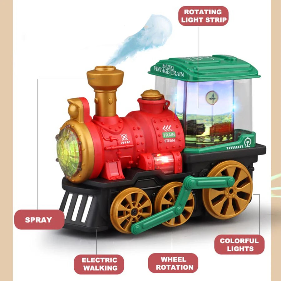 Simulation electric steam spray train train toy