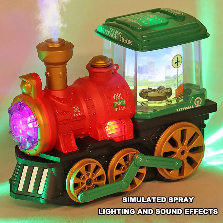 Simulation electric steam spray train train toy