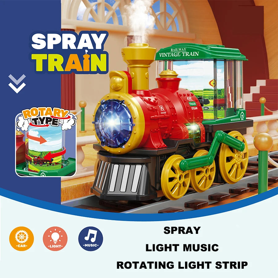 Simulation electric steam spray train train toy